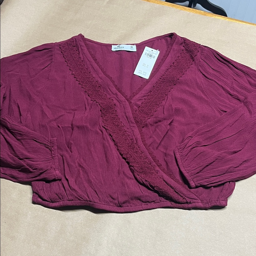 Hollister NWT Maroon Cropped Wrap Blouse 3/4 Sleeve Medium